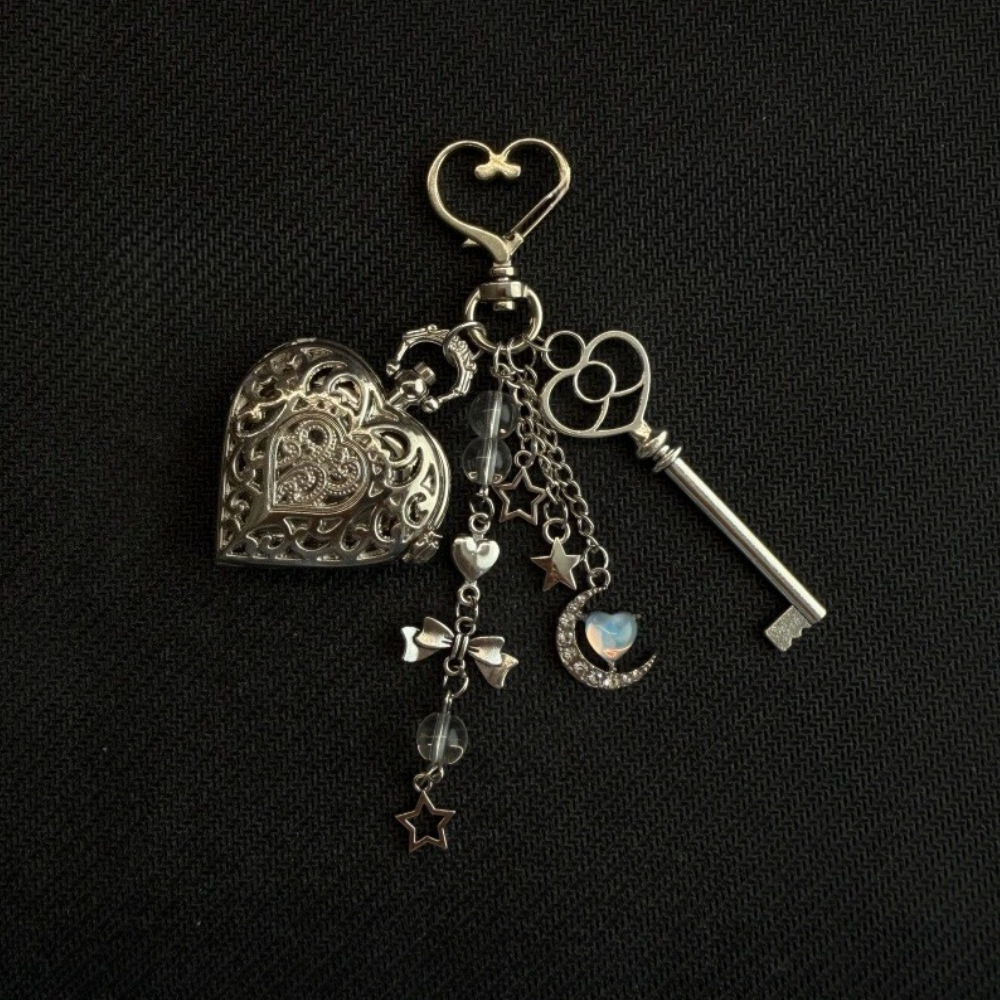 Vintage Heart Keychain Pocket Watch Pendant Star Moon Necklace_voghion.com
