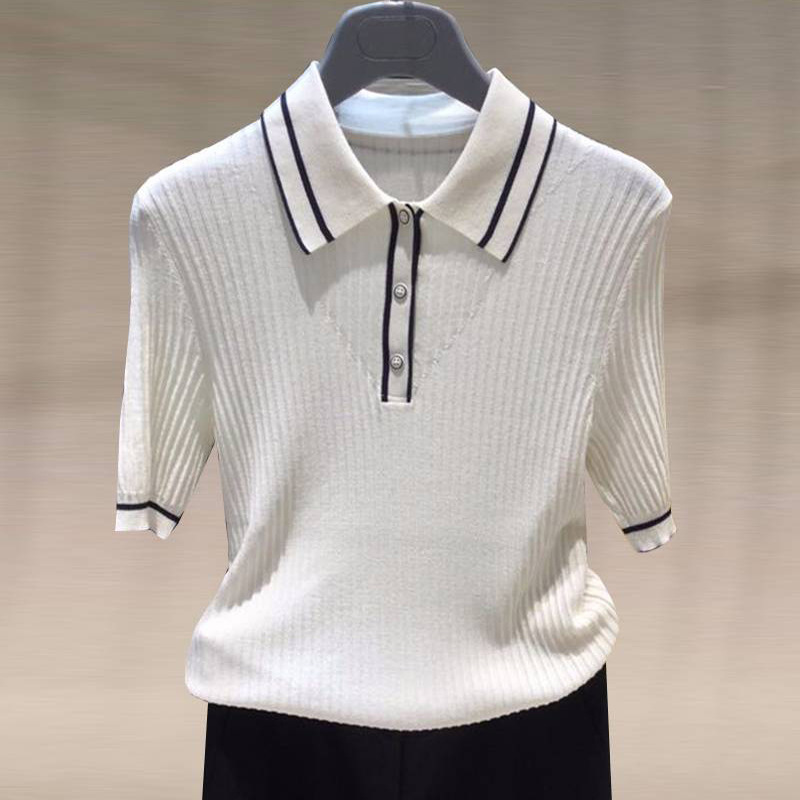 Áo thun nữ cổ polo tay ngắn phối màu chất liệu lụa đá ôm dáng — Màu đen