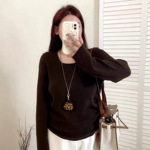 【包邮】大码女装休闲百搭方领上衣2025秋胖mm宽松侧边抽绳针织衫