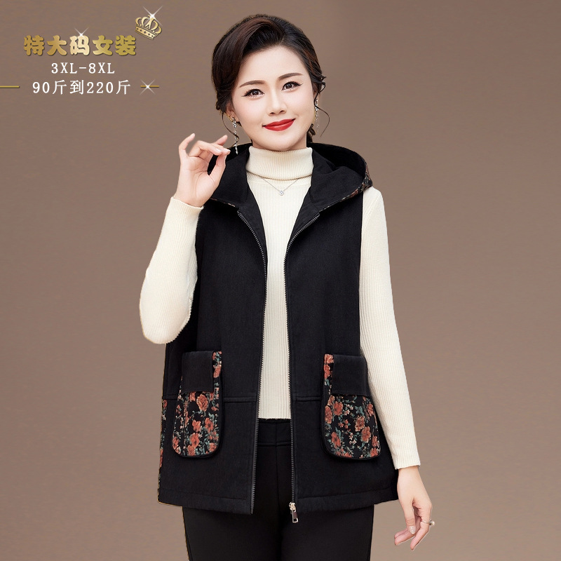 特体大码冬季新款拉链百搭加绒马甲妈妈加肥花背心外穿砍肩200斤