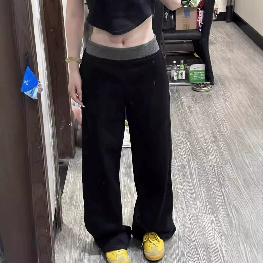 Черные сшитые повседневные брюки женские осенние и зимние новые большие размеры, толстый мм, рыхлый, тонкая грушевидная фигура, широкие ноги спортивные брюки