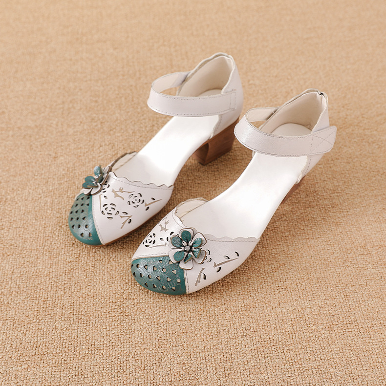 2025 New Summer Women's Hollow Sandals Ethnic Style First Layer Cowhide Thick Heel Velcro Flower Color Matching Shoes
