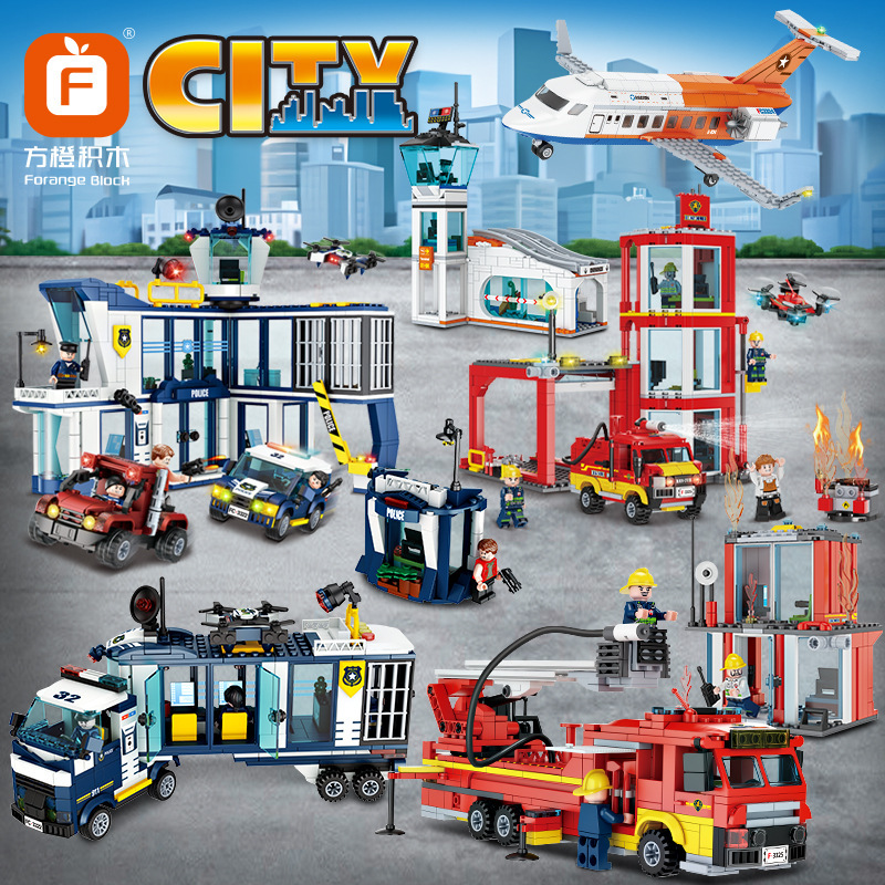 Fang orange building blocks factory direct airport police station fire station 3 change boy new year gift