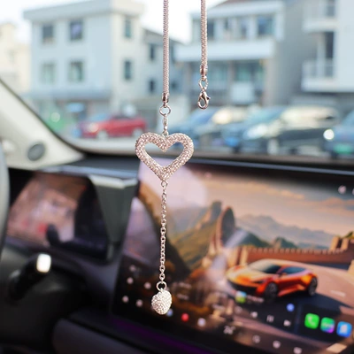Car Rearview Mirror Pendant, Ceramic Crystal Pendant, Decorative Rhinestone Pendant, Car Crystal Interior Hanging Ornament (Car hanging) - a-hollow-heart-a-solid-heart