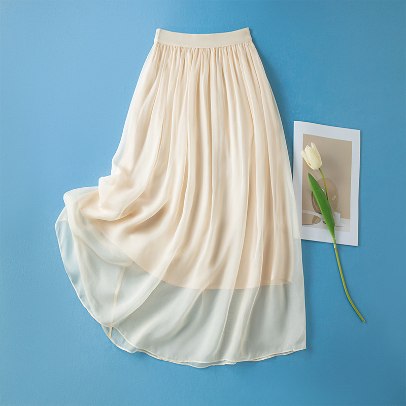 Silk Umbrella Skirt Casual Belly-Covering Skirt 2026 Summer New Women's A-Line Skirt Beige Half Skirt Mulberry Silk