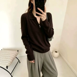 翻领针织衫女秋季新款长袖毛衣宽松百搭通勤韩系上衣安迪绒X701