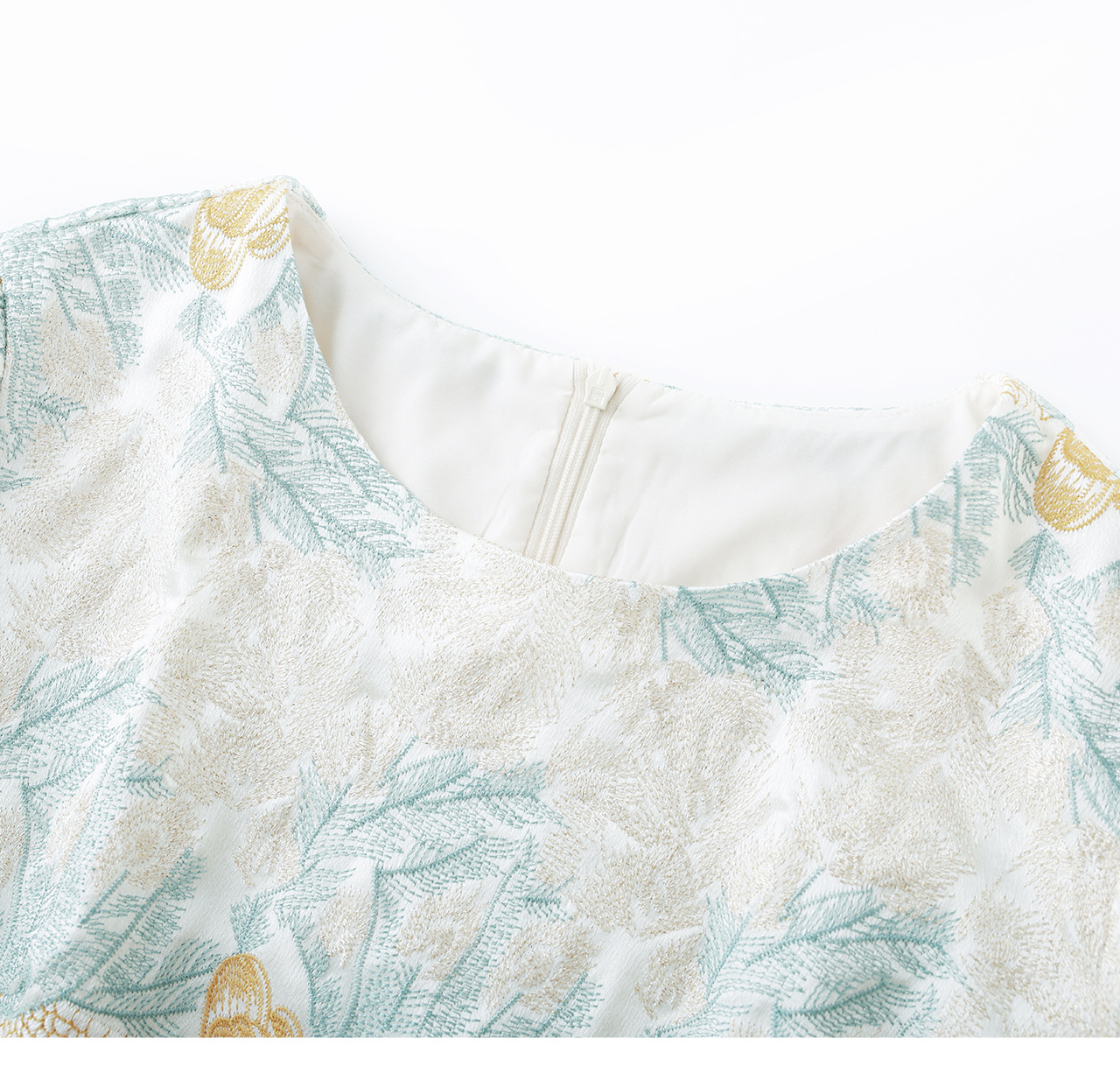 Đầm suông nữ midi dệt satin thêu jacquard tay ngắn — xanh lam chi tiết 18