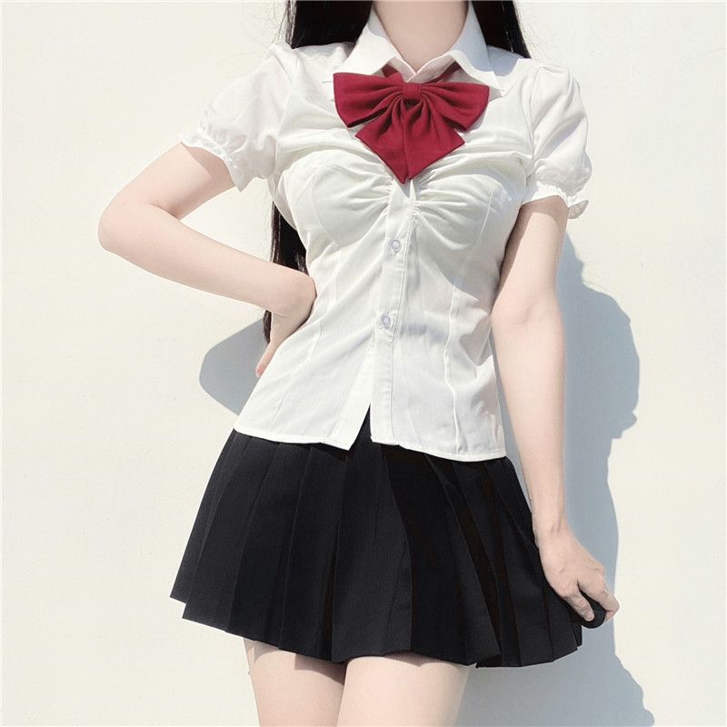 IQCQ balloon bear short sleeve waist pleated shirt summer women's design sense niche top slimming versatile college style