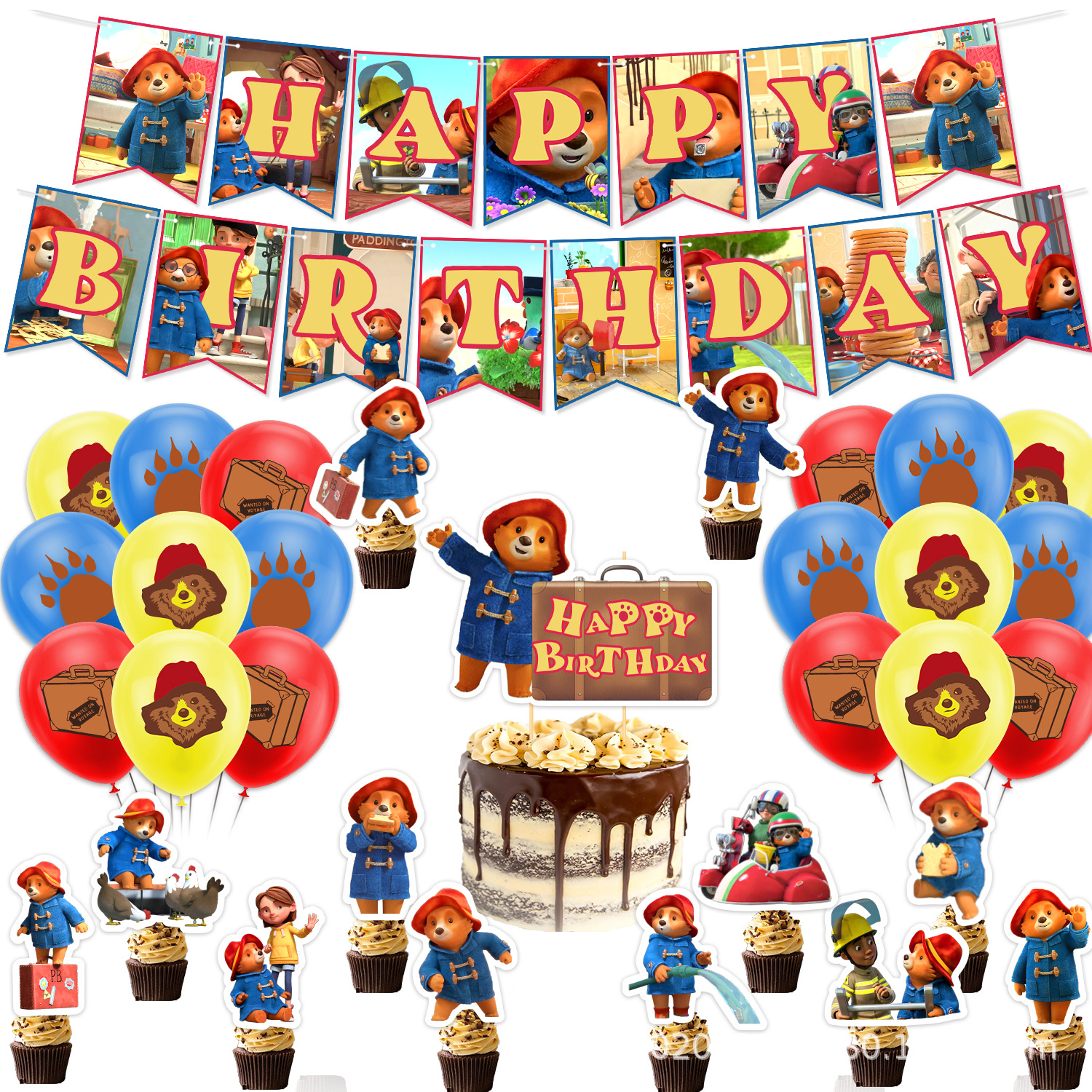 New hot sale Paddington Bear theme birthday party pull flag banner cake card balloon decoration supplies