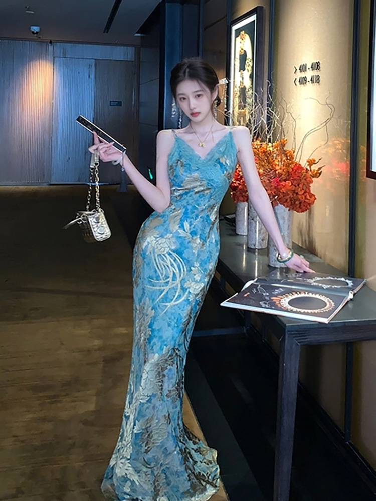 Đầm hai dây in họa tiết phong cách Trung Hoa mới, dáng suông midi — màu xanh bạc hà