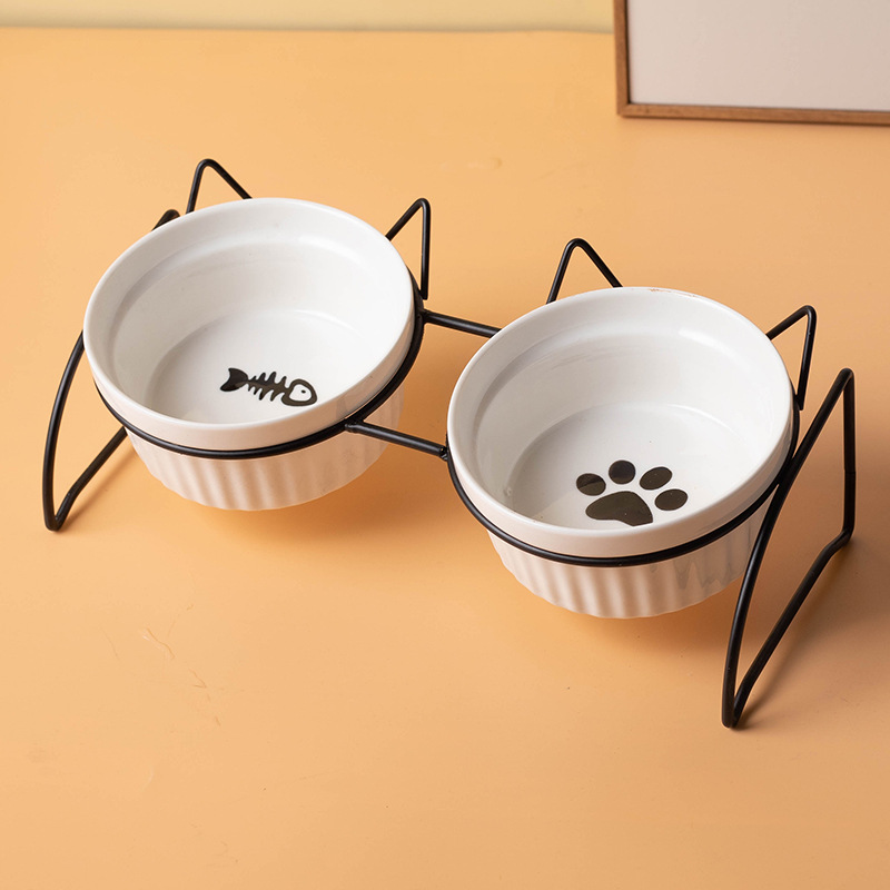 Fábrica al por mayor de cerámica gato comida tazón cuello protección diseño bebedero gato arroz tazón doble tazón antidetonante perro tazón de comida