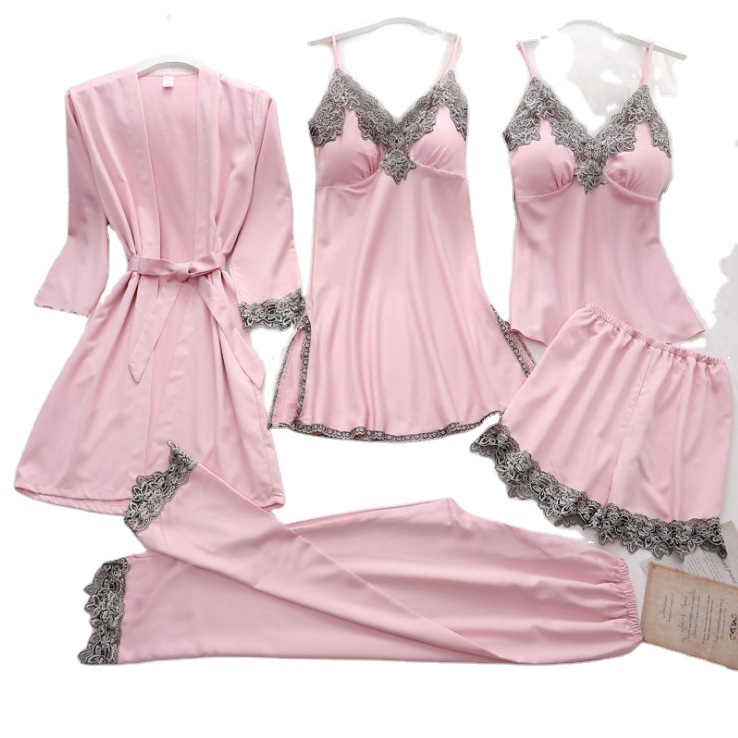 Primavera y verano nuevo pijama de Honda de cinco piezas sexy camisón de mujer mate sedoso suave ropa para el hogar de las mujeres