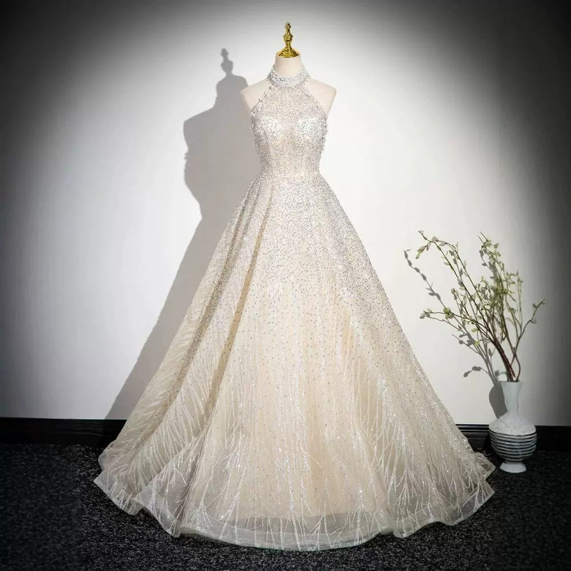 Evening Dress for Women 2026 New Style High-End Gauze Dress Luxury Niche Heavy-Duty Halter Neck Light Wedding Dress Hostess