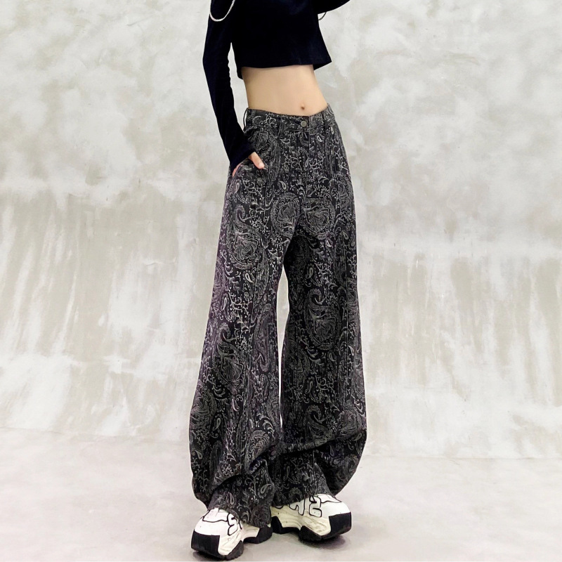 黑色印花设计休闲牛仔弯刀裤女秋新款高腰宽松显瘦百搭直筒香蕉裤|undefined