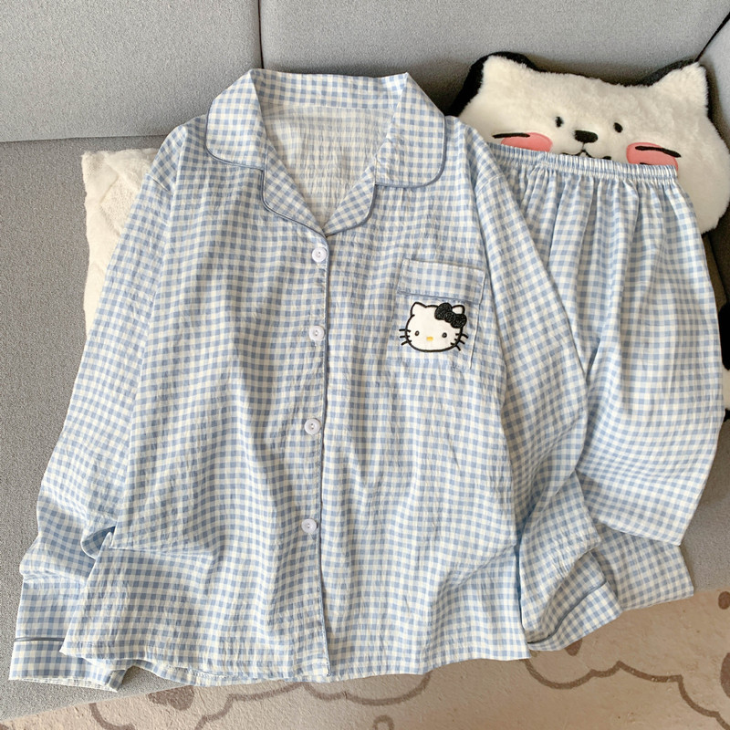 New Cloud Cotton Long-Sleeved Pajamas for Women in Spring and Autum Cute and Sweet Cartoon Pants Thin Plaid Kt Cat Home Clothes New Cloud Cotton Long-Sleeved Pajamas for Women in Spring and Autum Cute and Sweet Cartoon Pants Thin Plaid Kt Cat Home Clothes