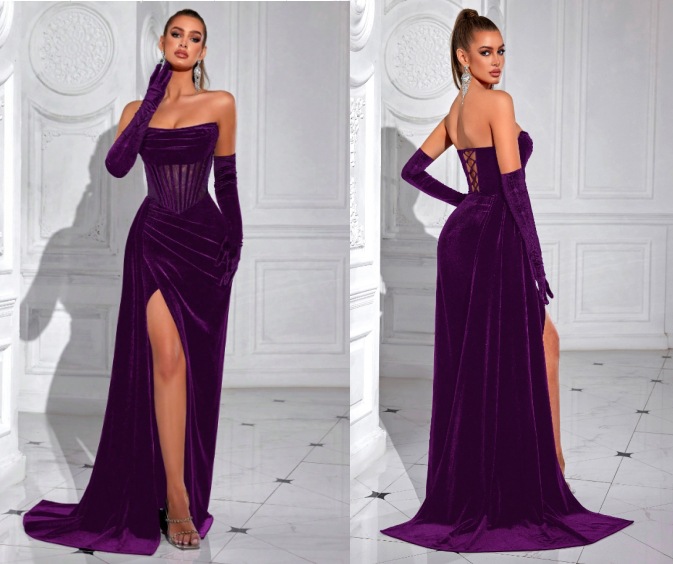 Nuevo vestido de terciopelo coreano transfronterizo sexy de hueso de pez, vestido de fiesta de pecho, vestido largo de alta gama al por mayor