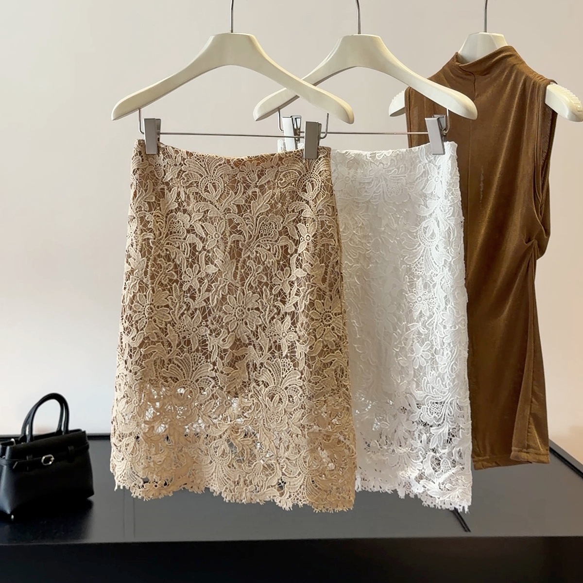 Women's French Lace Midi Skirt, High Waisted A-Line Bodycon Skirt With Elegant Hollow-out Design, Classy Office & Date Skirt_ecoleips.com