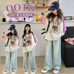 女の子の半袖tシャツ2025新型夏のアニメの色合わせtシャツの大きい子供の夏服の洋風の流行の上着