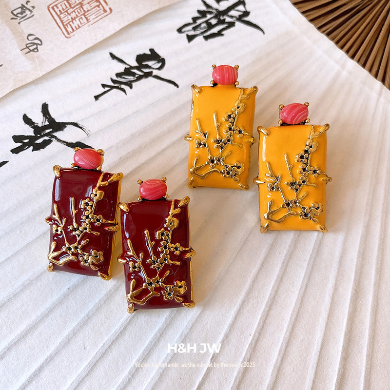 银针新中式滴油椭圆方形石头耳环小众高级感耳钉设计感小众耳饰女|undefined