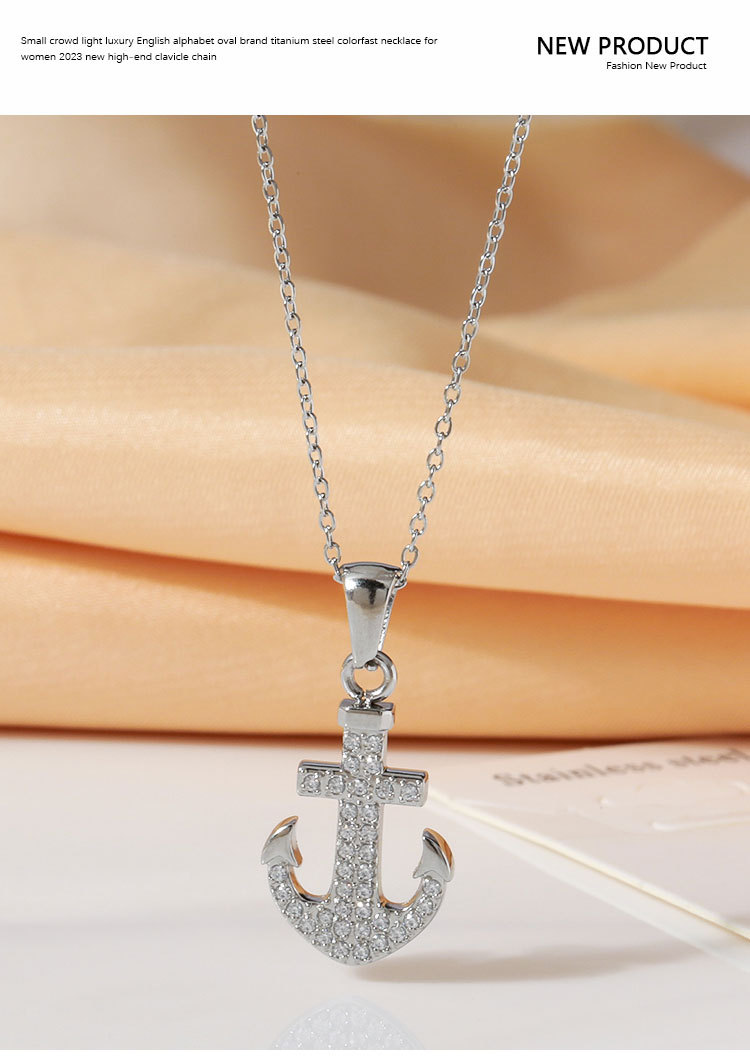 Collana semplice in acciaio al titanio con nave pirata vintage, stile hip hop, ancora, punk, non sbiadisce, con zircone femminile, catena per clavicola con senso avanzato_voghion.com