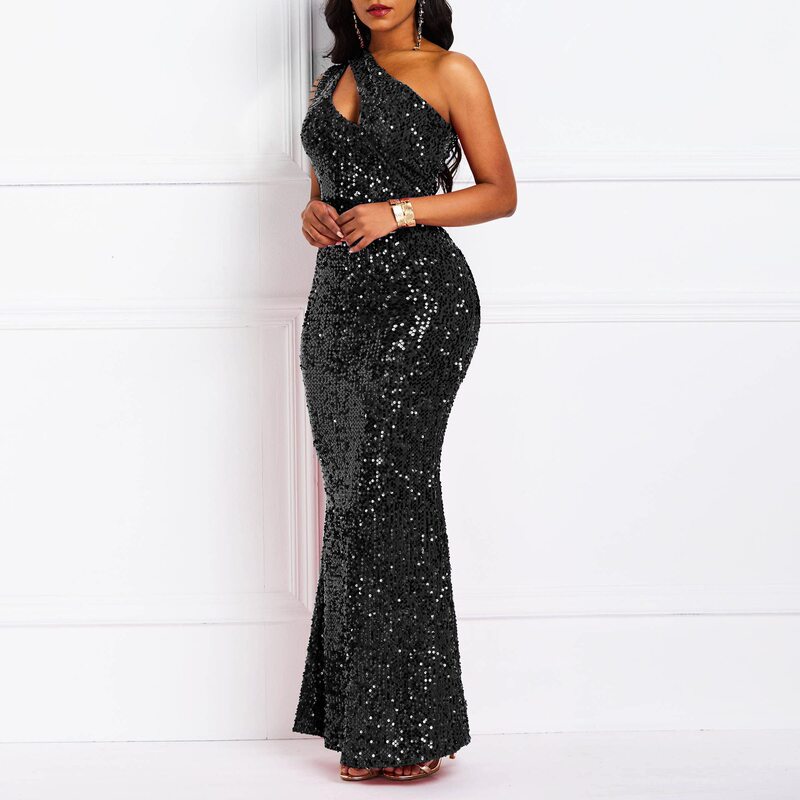 2024 European and American Amazon Fashion Beaded One-shoulder Solid Color Backless Fishtail Sequin Dress Evening Dress