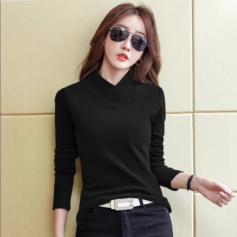 Chic And Youthful Design Cross-Collar Half-High Neck German Fleece Long-Sleeve Base Shirt, Versatile Autumn And Winter I_ecoleips.com