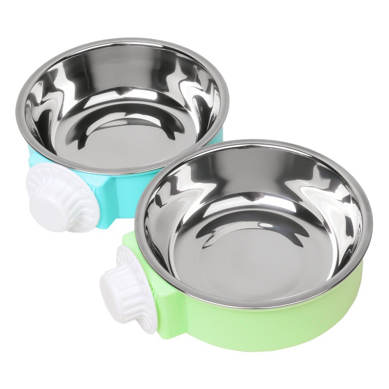 Amazon popular colgante de acero inoxidable perro tazón fijo gato tazón gato perro jaula beber cuenca suministros para mascotas