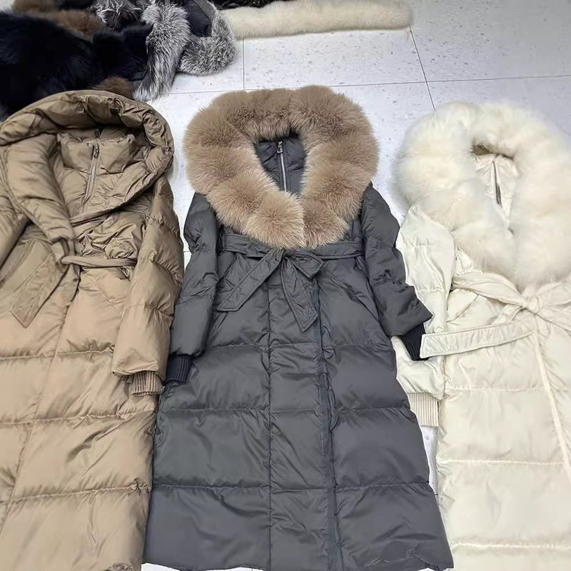 Fox fur fur collar down jacket long hooded winter new slimming waist over the knee thickened women's coat
