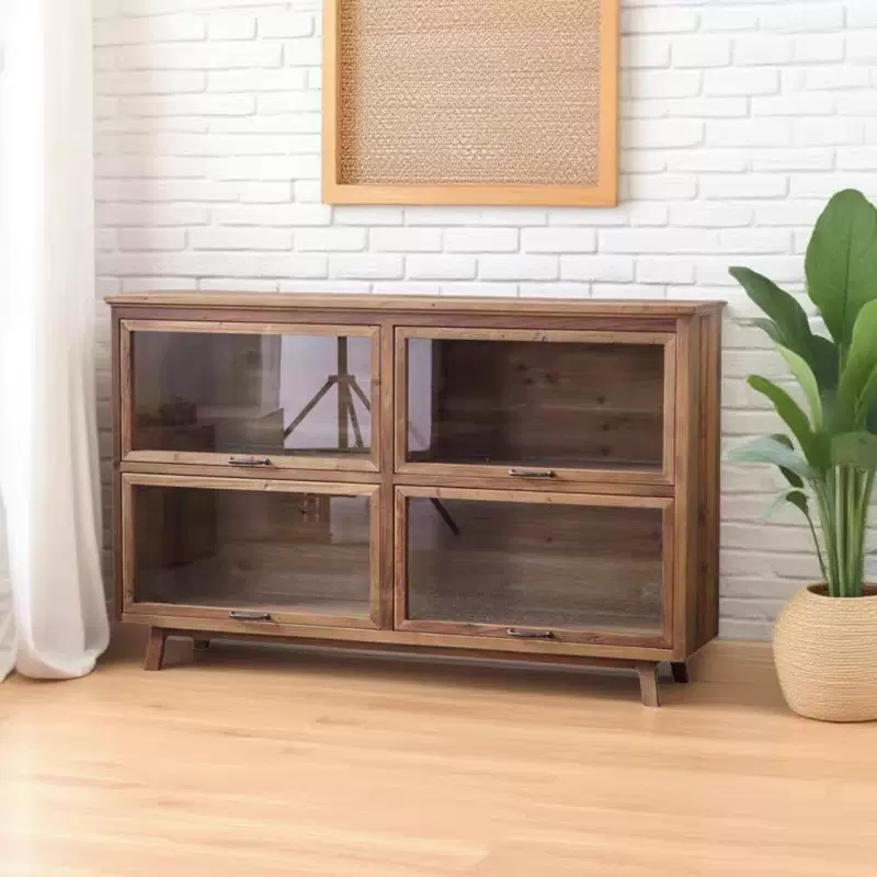 原木风复古餐边柜提拉式玻璃门格子柜民宿中古风茶室茶水柜边柜