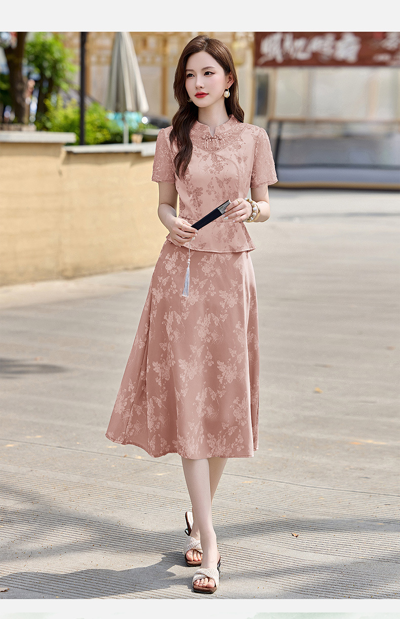 Đầm maxi nữ tân cổ điển cổ đứng đính hạt cườm, phối ren, họa tiết jacquard, thiết kế giả hai lớp LX2625 — xanh lam, Màu hồng chi tiết 20