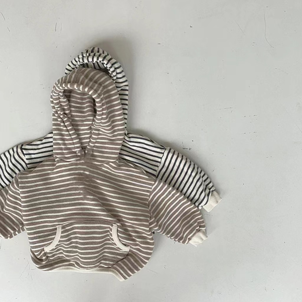 Korean style children's striped casual loose hooded sweatshirt jacket, unisex mid-length hoodie, autumn top