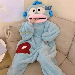 かわいい漫画風面白ハントン醜魚柄カップルパジャマ 男女兼用 冬用 裏起毛 厚手 コーラルフリース ホームウェア