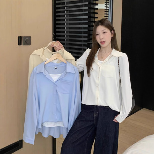 2025 Spring New chubby girl plus size Women's Stitching Fake Two-piece Long-sleeved Shirt Commuter Casual Top