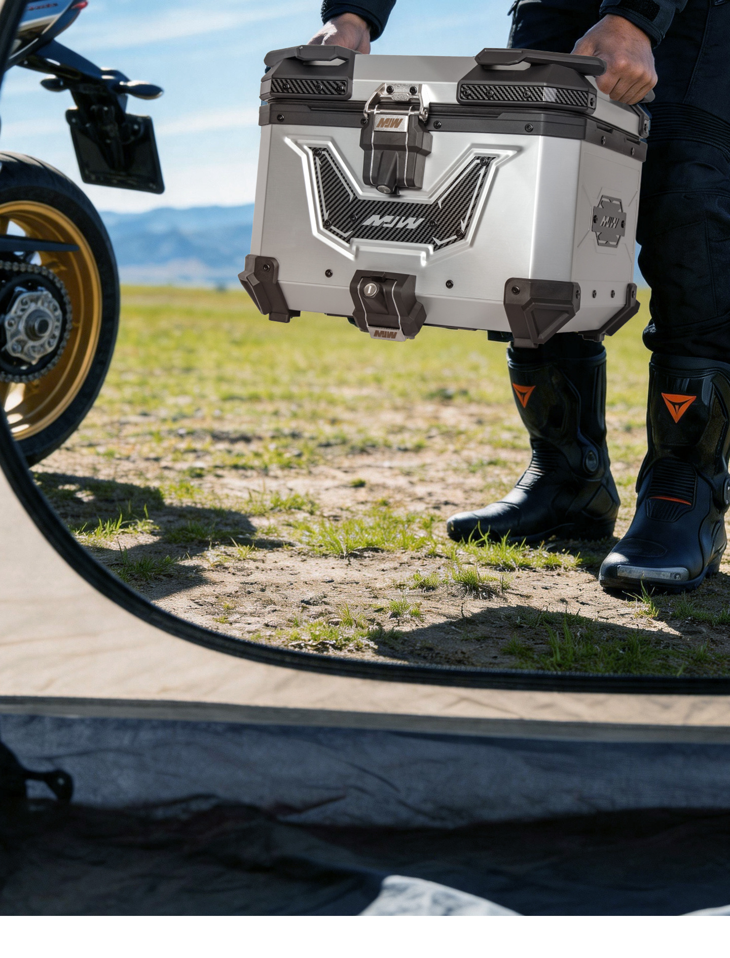 New MJW anodized silver BM lock 45L55L quick-release motorcycle aluminum alloy tail box waterproof storage box
