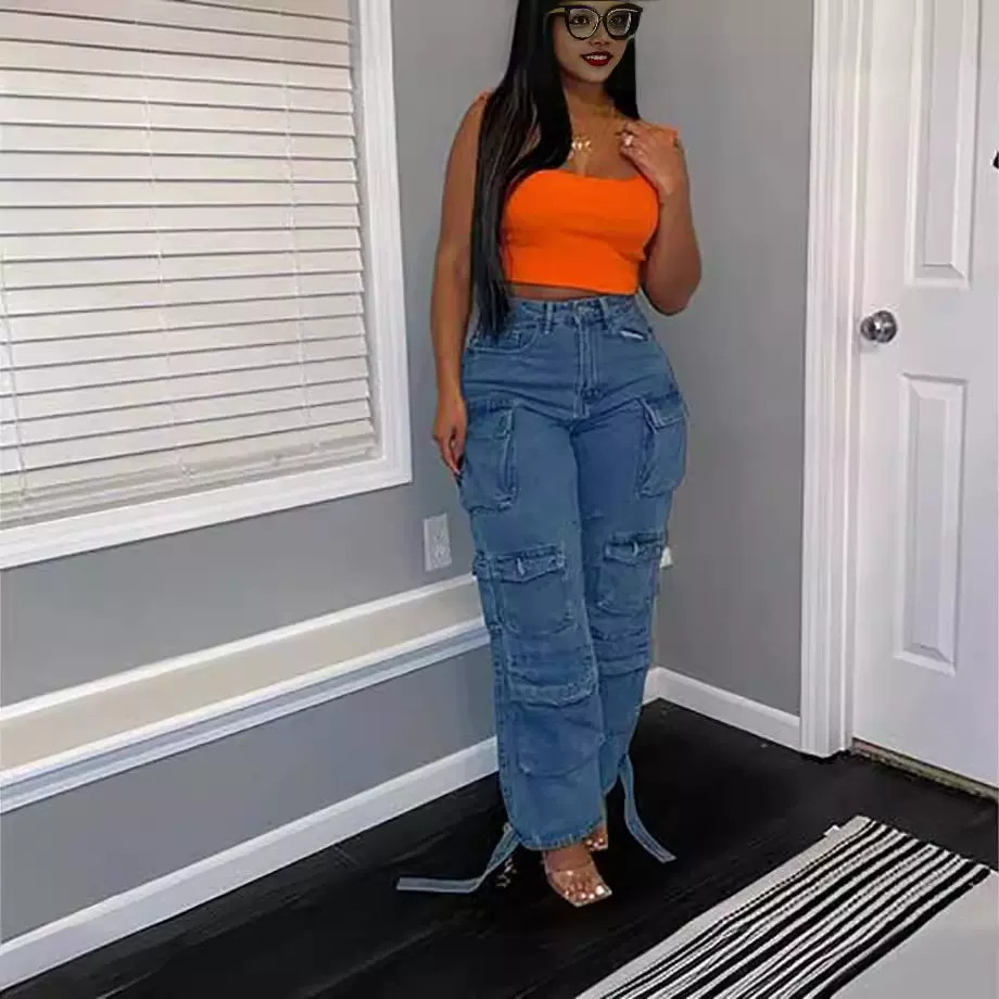 欧美女装跨境牛仔裤亚马逊新品热卖潮流多口袋洗水工装裤跨境热销