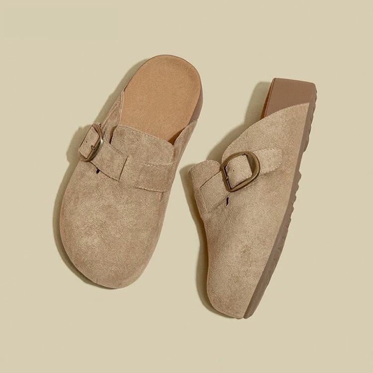 Women's Casual Shoes with 3cm Hidden Height Increase, Genuine Leather Thick-Soled Clogs, Slip-On Style, Suitable for Outdoor Wear, 2026 Spring and Autumn Birkenstock-Style Shoes