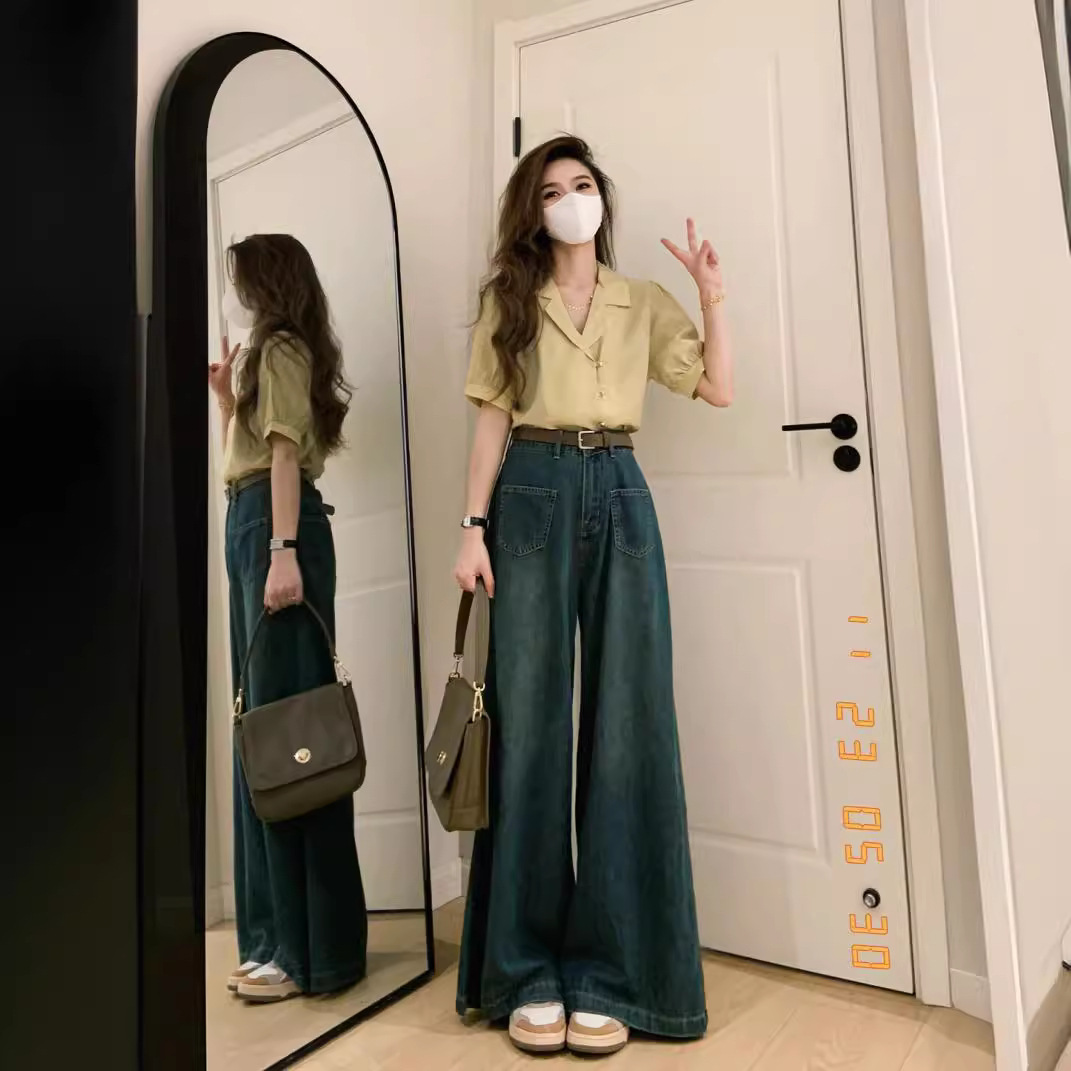 넓은 다리 청바지 여성의 봄과 가을 2025 새로운 디자인 센스 틈새 높은 허리 느슨한 스트레이트 다리 바지 긴 아들