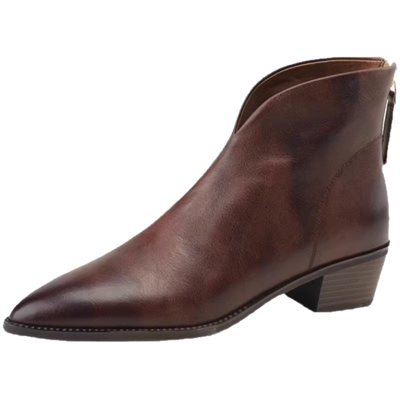 Winter Martin Boots For Women Retro Pointed Toe Mid Heel V Cut Chunky Heel British Style Fashion Boots_vogvips.com