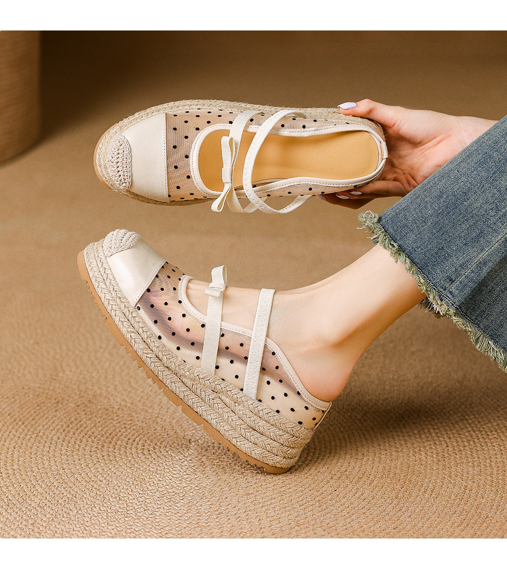 Mule nữ mũi nhọn bít đế xuồng cao gót 5 cm phong cách boho — màu trắng ngà, Chấm bi trắng kem chi tiết 5