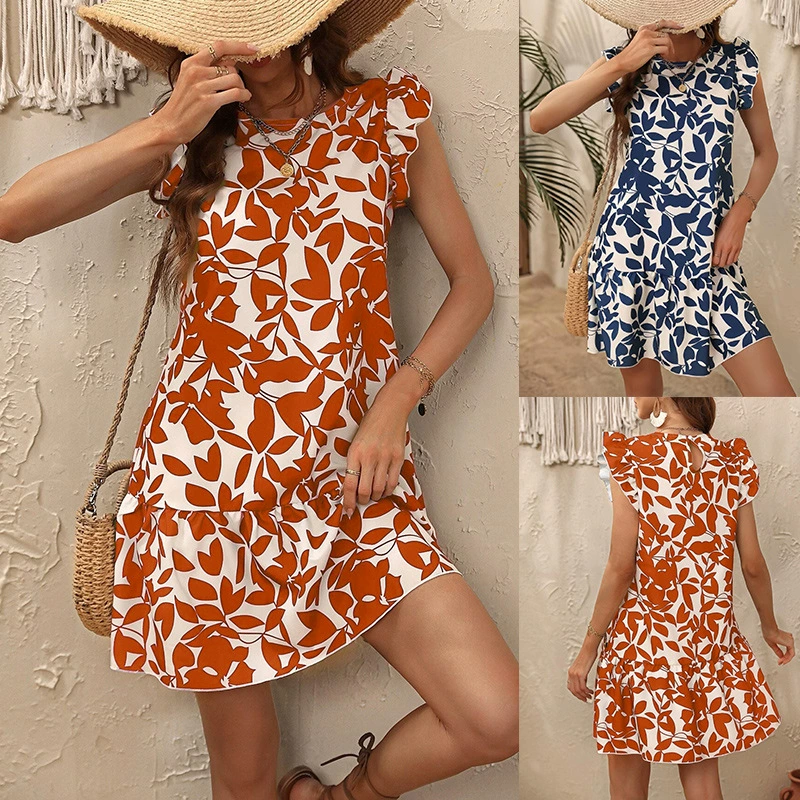 Amazon трансграничная Внешняя торговля Европейская и американская женская одежда 2024 Весна и лето с круглым вырезом свободная короткая юбка модное платье с коротким рукавом и принтом