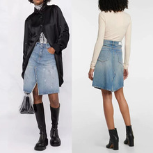 2024年早秋欧美M/6宋茜同款高腰怀旧浅蓝毛边开衩漆点A字牛仔裙女