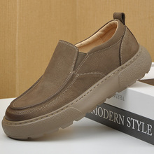 新款轻底软皮油蜡磨砂头层牛皮舒适男士皮鞋套脚上线散步休闲男鞋