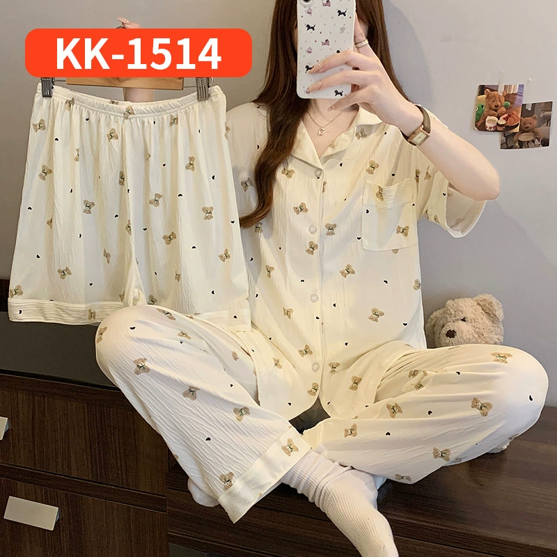 Пижама 3‑предметный набор (милый), короткий рукав, принт бантик, размеры M–2XL