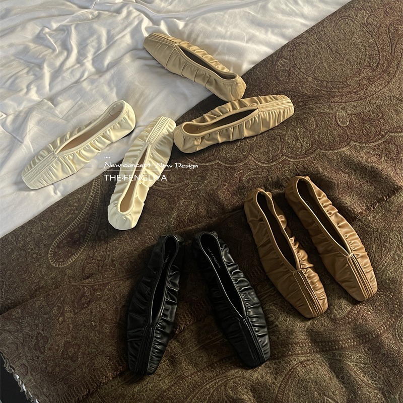 Fengliya 2024 Autumn New Pleated Ballet Flats Women's All-match Square Toe All-match Simple Retro Single-layer Shoes