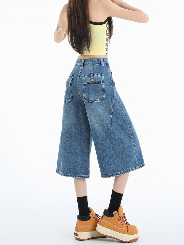 Vintage Curved Hem Denim Shorts for Women, Summer 2026 New Style, 7/8 Length Straight Wide-Leg Mid-Length Pants, Thin Vintage Curved Hem Denim Shorts for Women, Summer 2026 New Style, 7/8 Length Straight Wide-Leg Mid-Length Pants, Thin