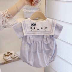 学院风夏季婴幼儿女宝宝俏皮奶蓝色可爱包屁衣海军领猫咪耳朵哈衣