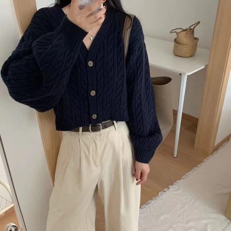 韩国东大门灯笼袖v领麻花毛衣外套短款外穿女宽松高腰针织开衫|undefined