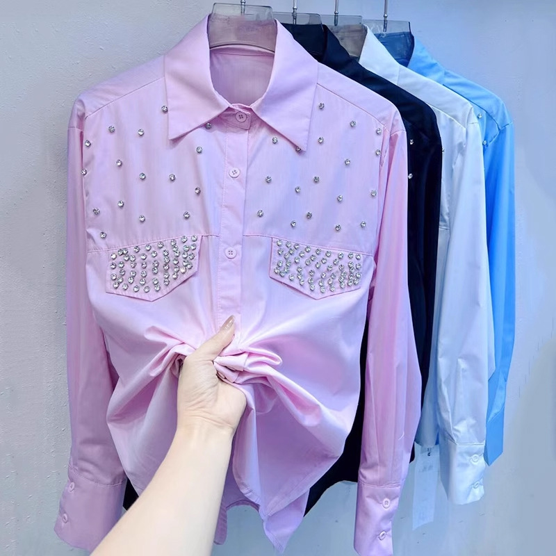 Dámske oblečenie s masívnou diamantovou vložkou, ležérne a všestranné, lenivý štýl, voľná a módna košeľa, modrá košeľa s dlhými rukávmi, nové dámske_voghion.com