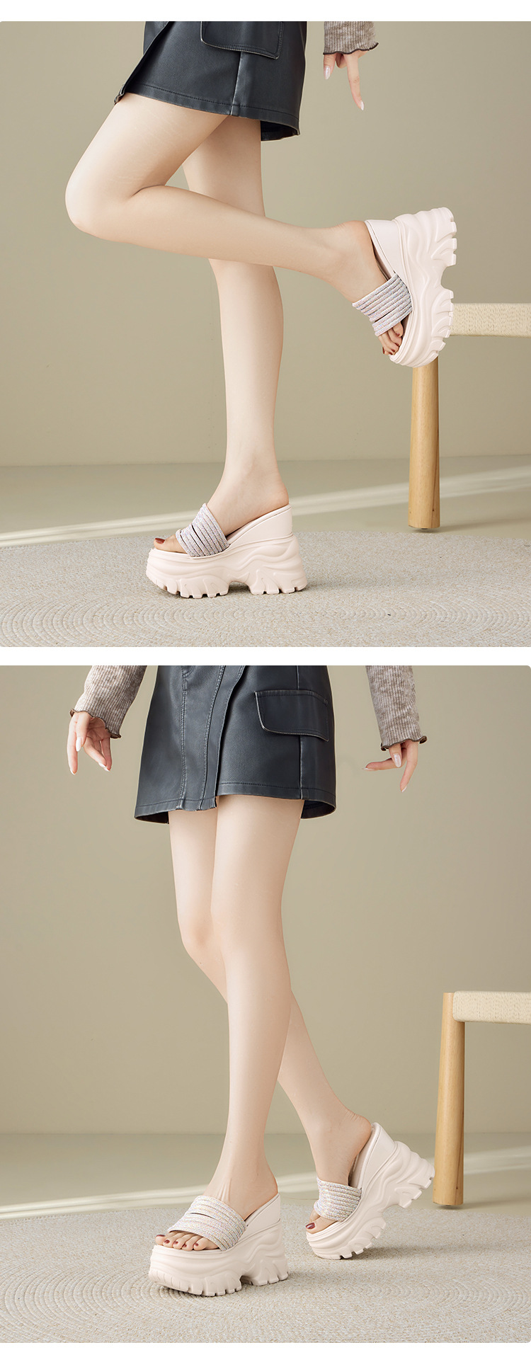Sandal cao gót nữ đính đá quai ngang đế dày platform gót 9 cm — màu đen, màu trắng ngà chi tiết 8