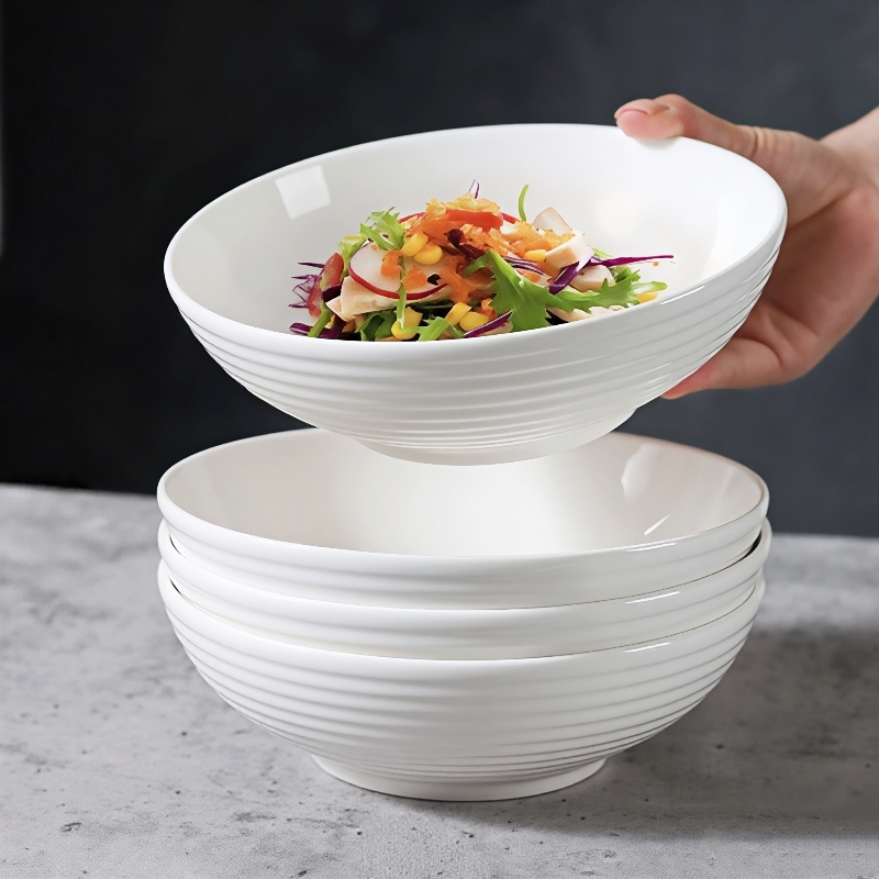 7inch Threaded Noodle Bowl Casual White Ceramic Noodle Bowl Premium Soup Bowl Household Vegetable Bowl Commercial Salad Bowl Deep Plate